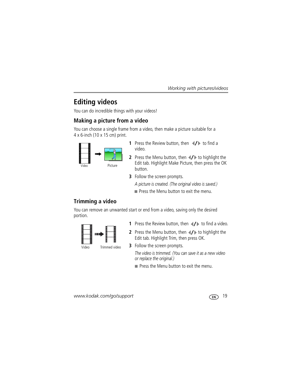 Making a picture from a video, Trimming a video, Editing videos | Kodak M1033 User Manual | Page 25 / 72