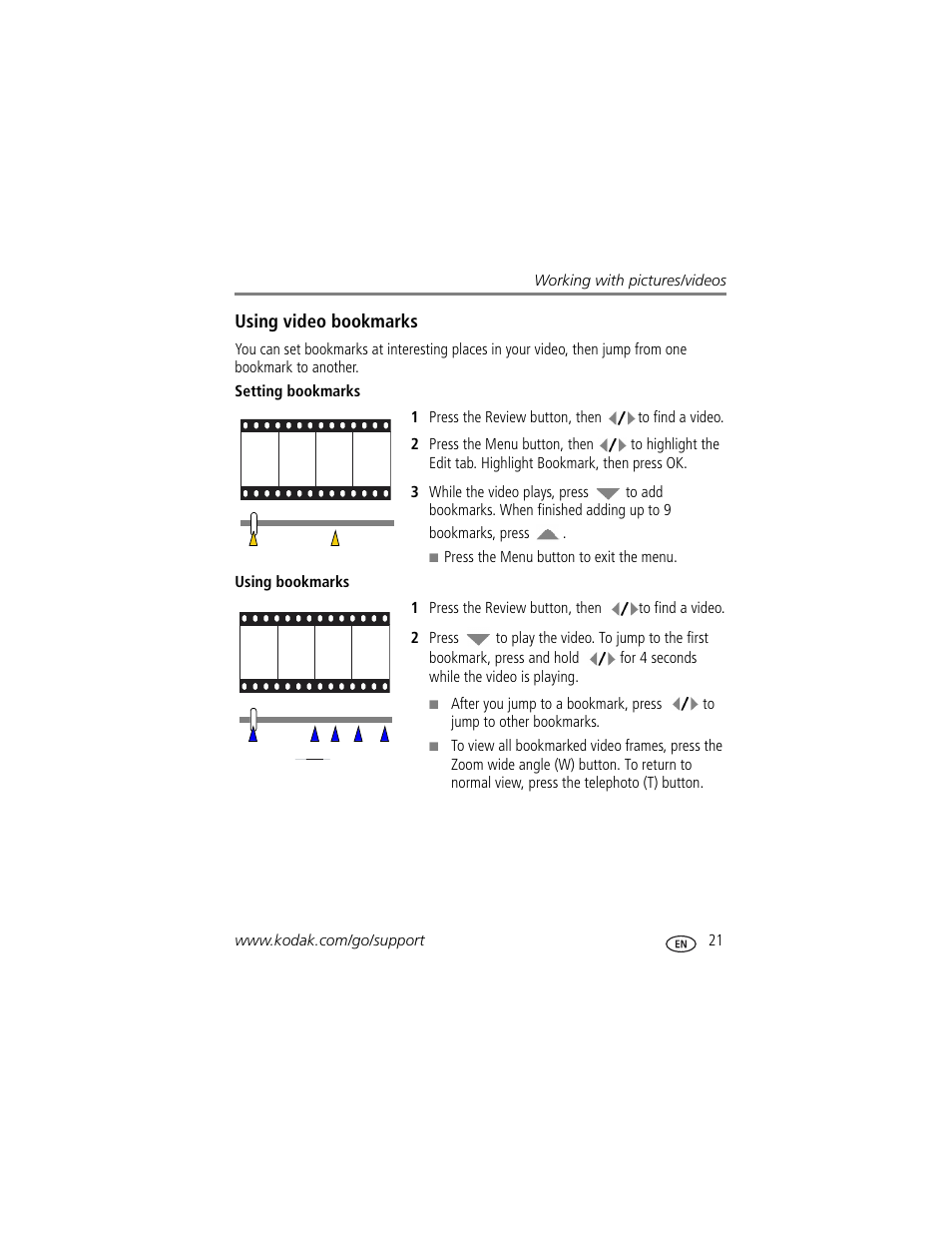 Setting bookmarks, Using bookmarks | Kodak M1033 User Manual | Page 27 / 72