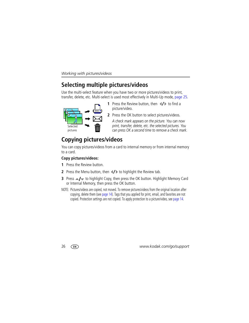 Copying pictures/videos, Selecting multiple pictures/videos | Kodak M1033 User Manual | Page 32 / 72