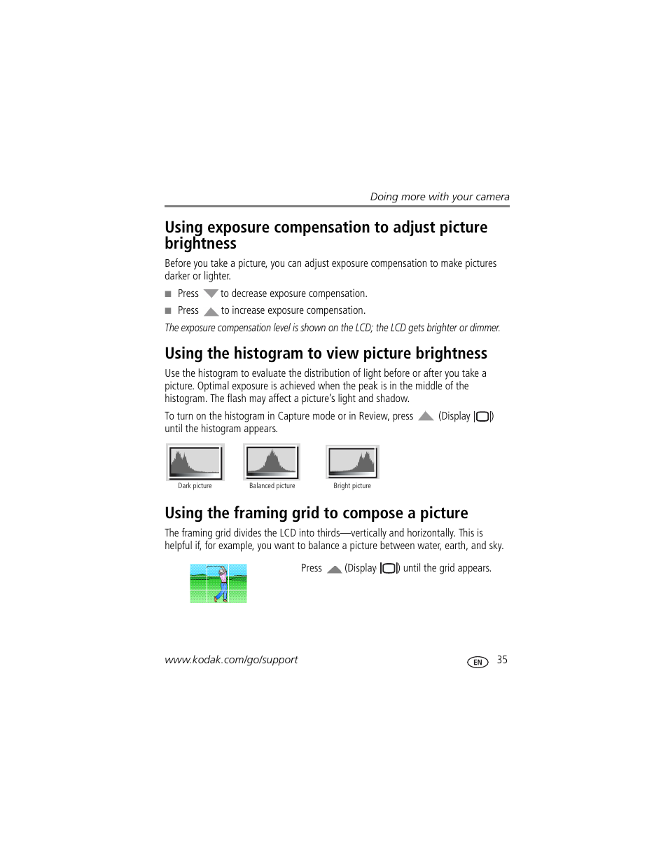 Using the histogram to view picture brightness, Using the framing grid to compose a picture | Kodak M1033 User Manual | Page 41 / 72