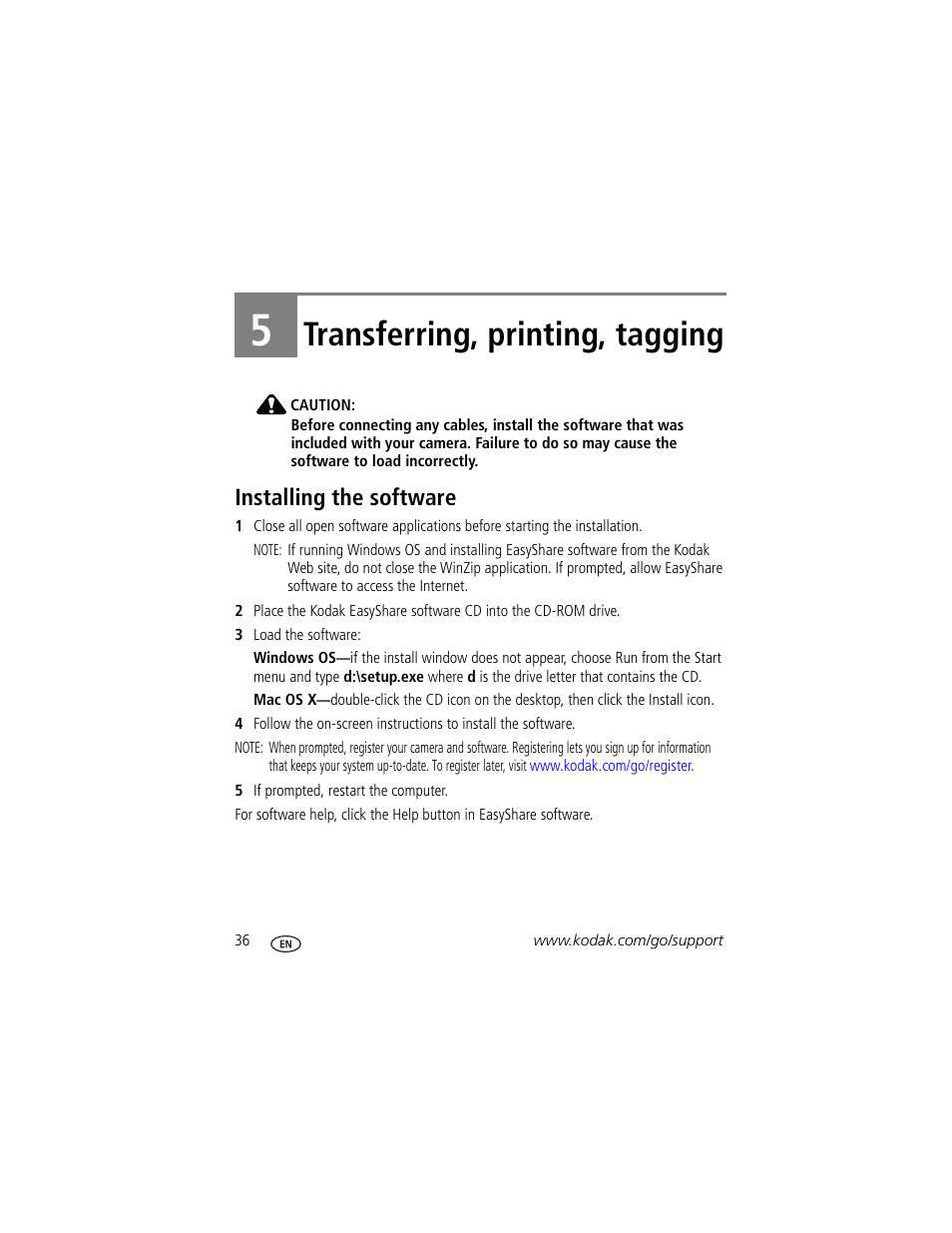 Transferring, printing, tagging, Installing the software, 5 transferring, printing, tagging | Kodak M1033 User Manual | Page 42 / 72