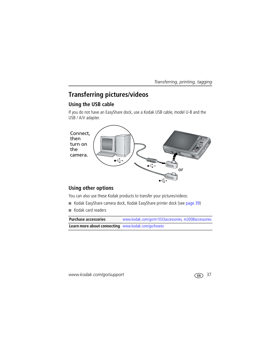 Using the usb cable, Using other options, Transferring pictures/videos | Kodak M1033 User Manual | Page 43 / 72