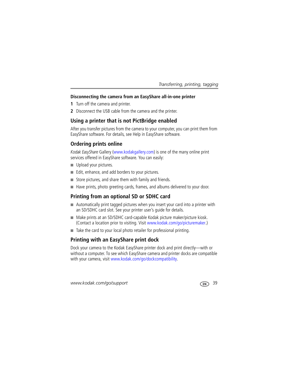 Using a printer that is not pictbridge enabled, Ordering prints online, Printing from an optional sd or sdhc card | Printing with an easyshare print dock | Kodak M1033 User Manual | Page 45 / 72