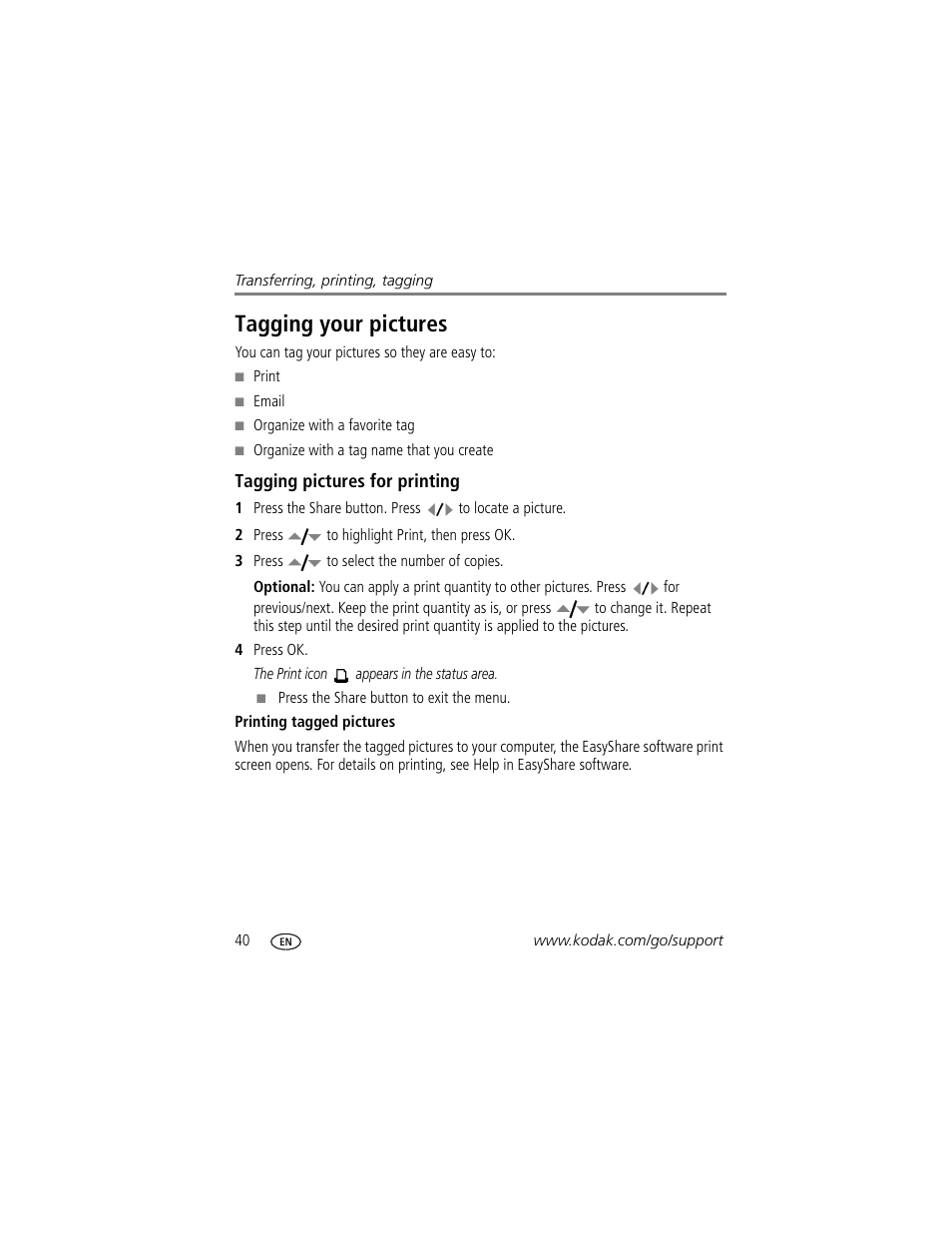 Tagging pictures for printing, Printing tagged pictures, Tagging your pictures | Kodak M1033 User Manual | Page 46 / 72