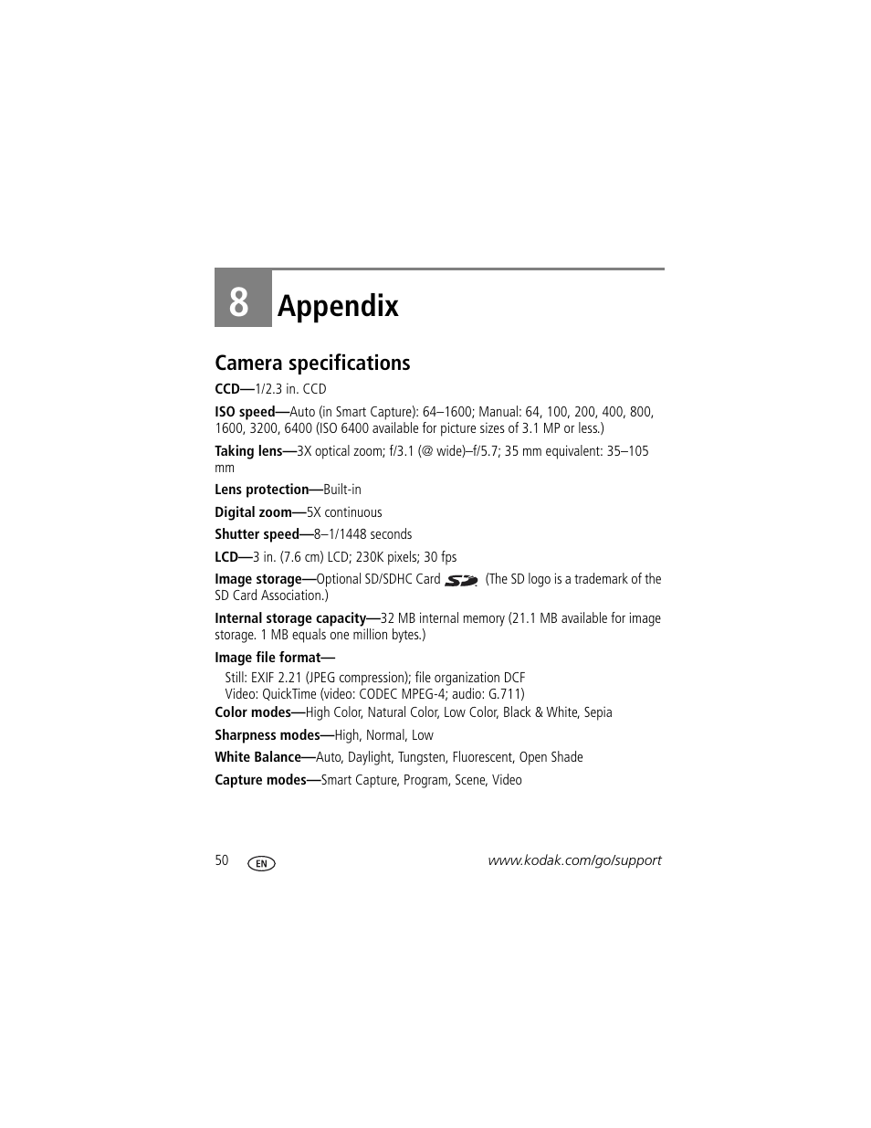 Appendix, Camera specifications, 8 appendix | Kodak M1033 User Manual | Page 56 / 72