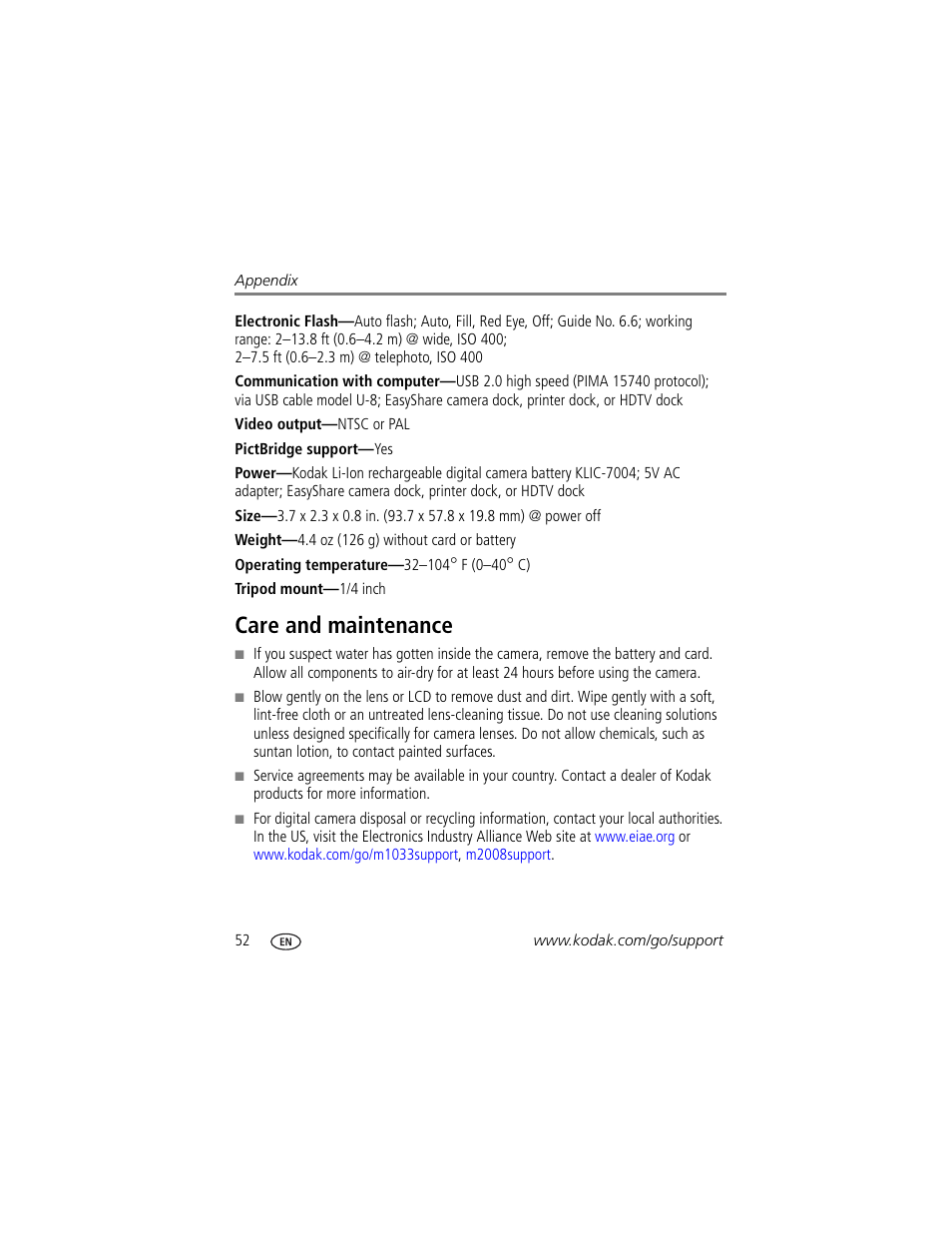 Care and maintenance | Kodak M1033 User Manual | Page 58 / 72