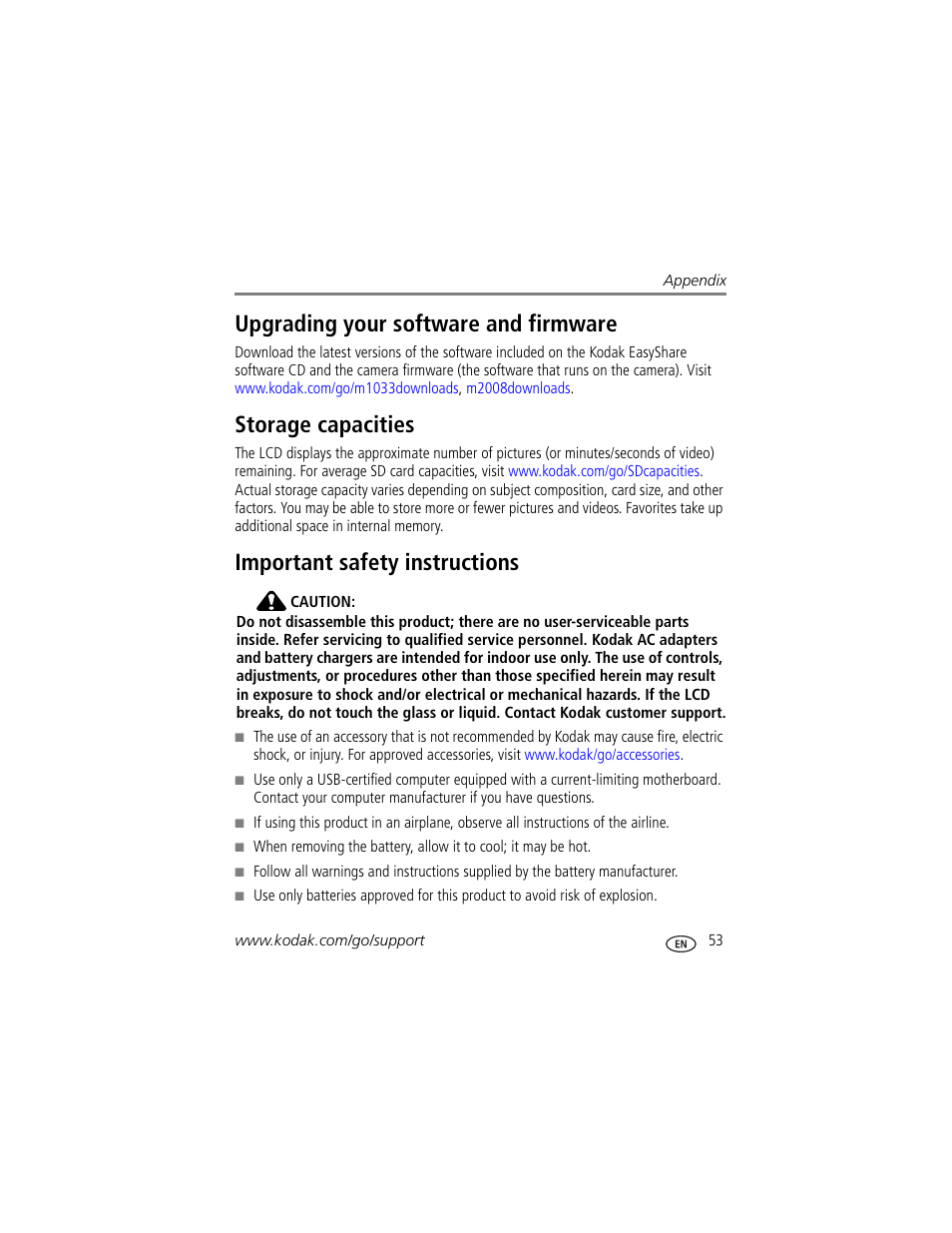 Storage capacities, Important safety instructions, Upgrading your software and firmware | Kodak M1033 User Manual | Page 59 / 72