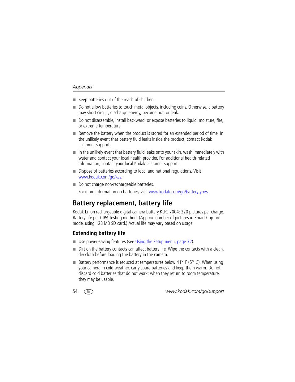 Battery replacement, battery life, Extending battery life | Kodak M1033 User Manual | Page 60 / 72