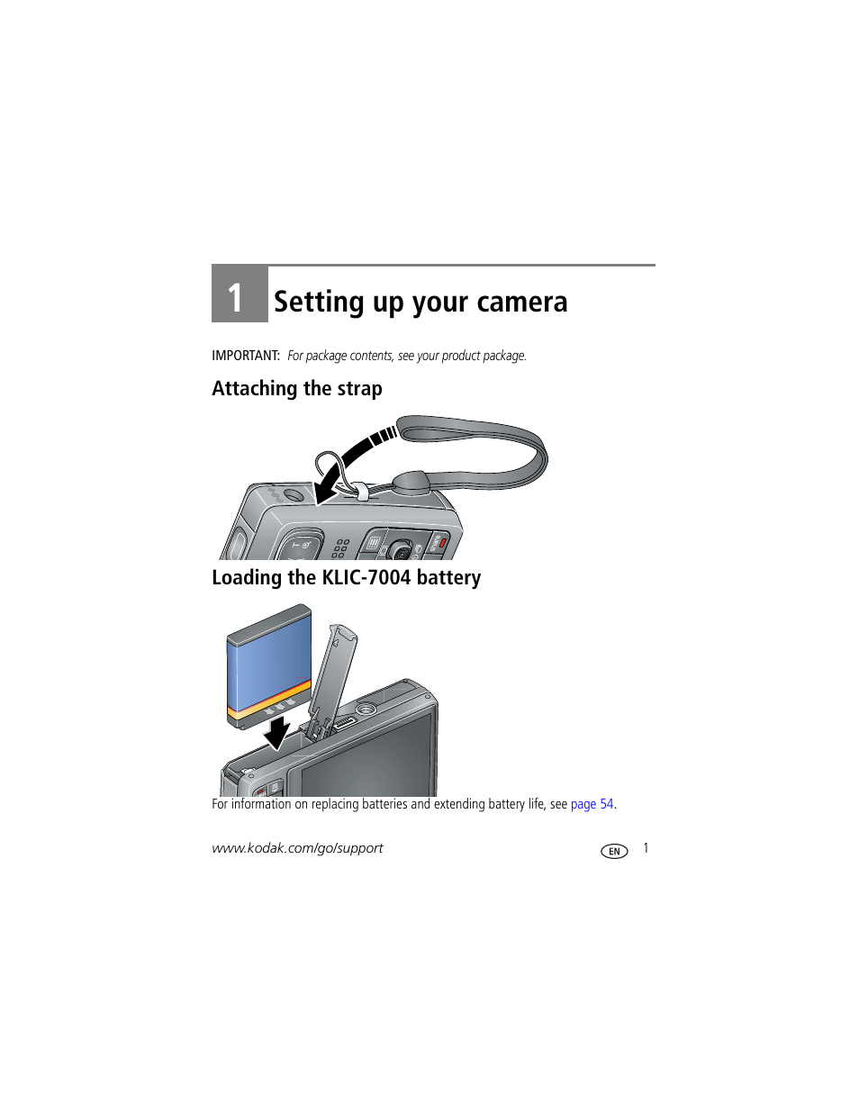 Setting up your camera, Attaching the strap, Loading the klic-7004 battery | 1 setting up your camera, Attaching the strap loading the klic-7004 battery | Kodak M1033 User Manual | Page 7 / 72