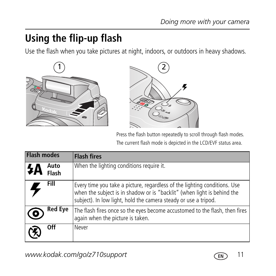 Using the flip-up flash | Kodak Z710 User Manual | Page 11 / 29