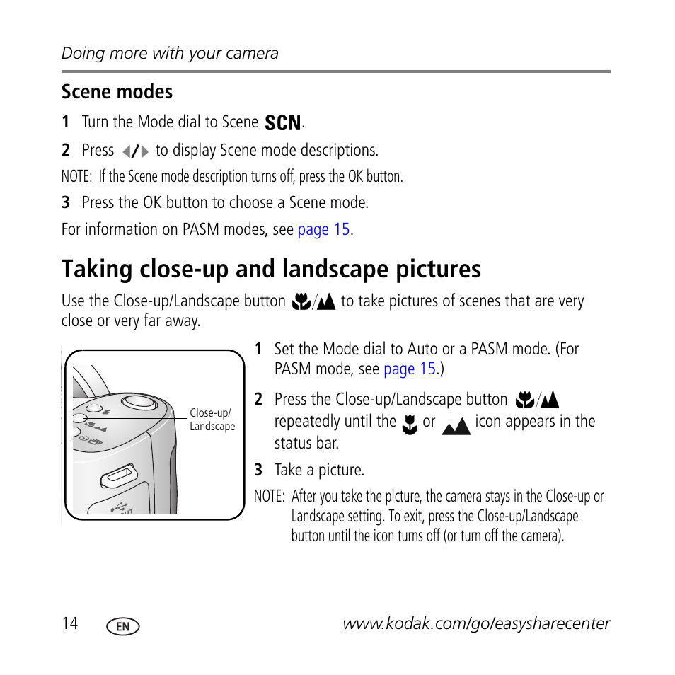 Taking close-up and landscape pictures, Scene modes | Kodak Z710 User Manual | Page 14 / 29