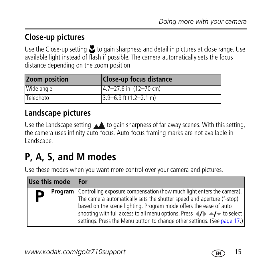 P, a, s, and m modes, Close-up pictures, Landscape pictures | Kodak Z710 User Manual | Page 15 / 29