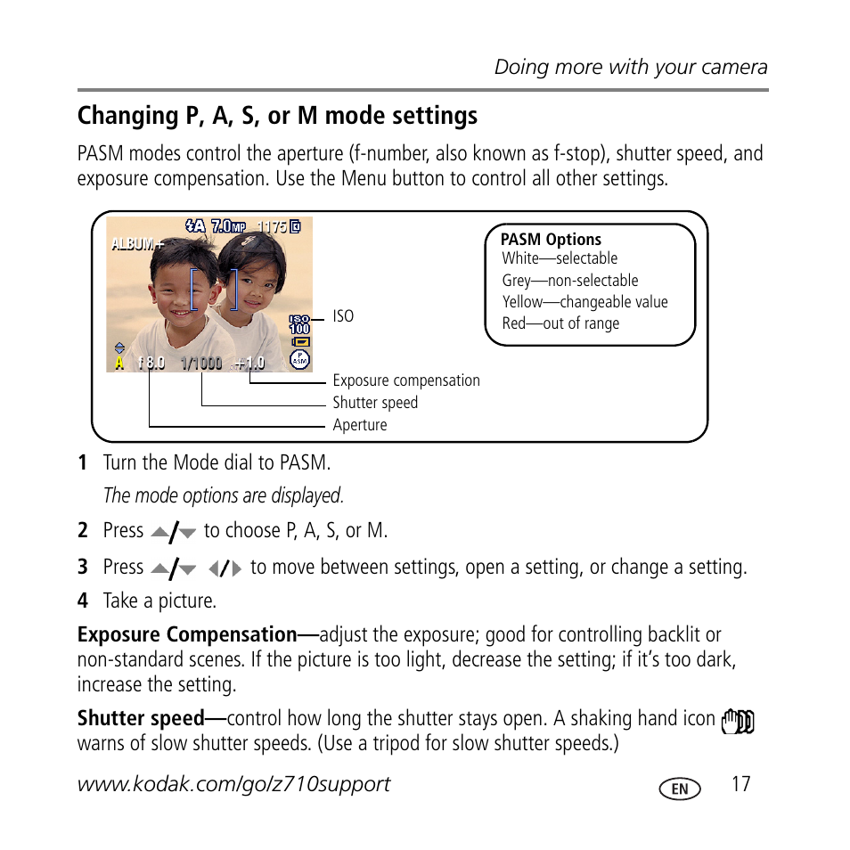 Other settings. (see, Changing p, a, s, or m mode settings | Kodak Z710 User Manual | Page 17 / 29