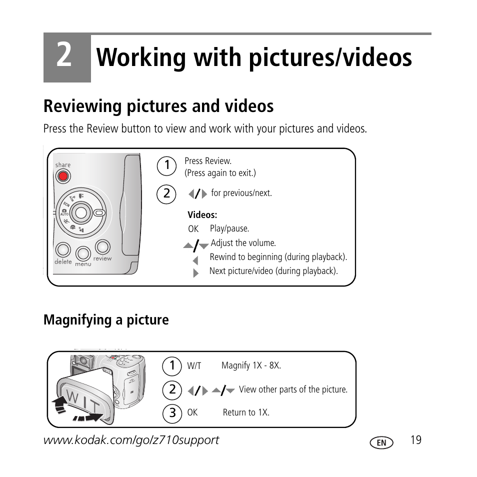 Working with pictures/videos, Reviewing pictures and videos | Kodak Z710 User Manual | Page 19 / 29