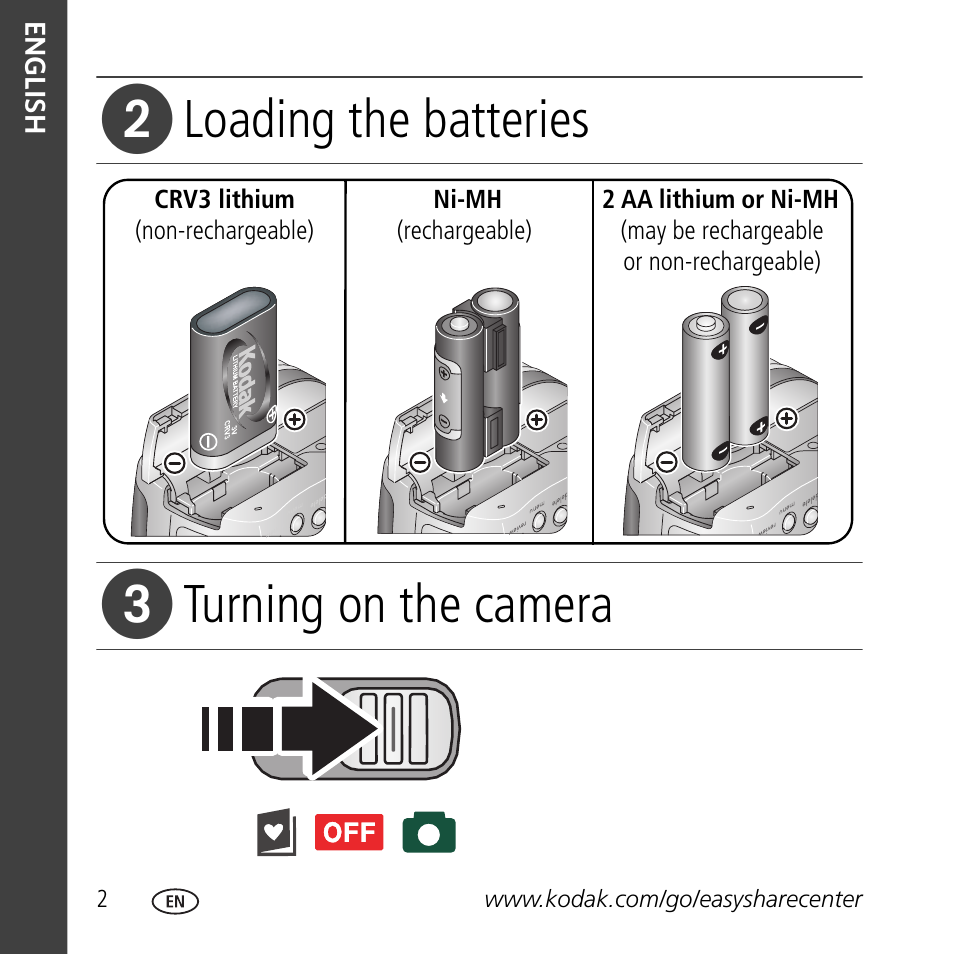 Loading the batteries, Turning on the camera | Kodak Z710 User Manual | Page 2 / 29