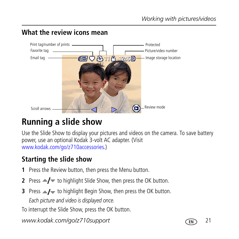 Running a slide show, What the review icons mean, Starting the slide show | Kodak Z710 User Manual | Page 21 / 29