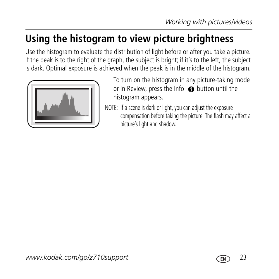 Using the histogram to view picture brightness | Kodak Z710 User Manual | Page 23 / 29