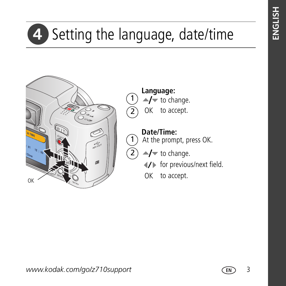 Setting the language, date/time | Kodak Z710 User Manual | Page 3 / 29