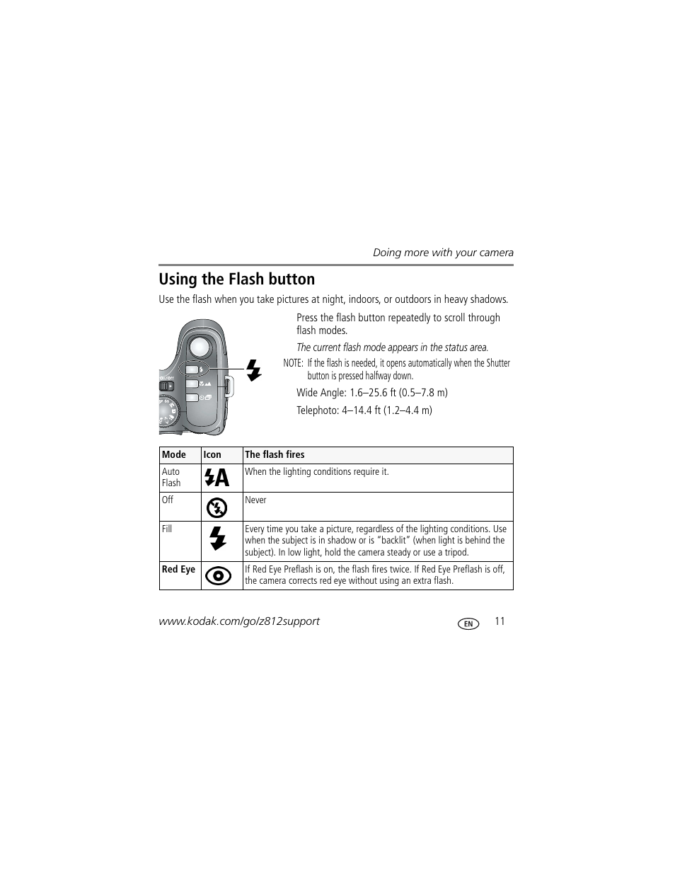Using the flash button | Kodak Z812 IS User Manual | Page 11 / 27