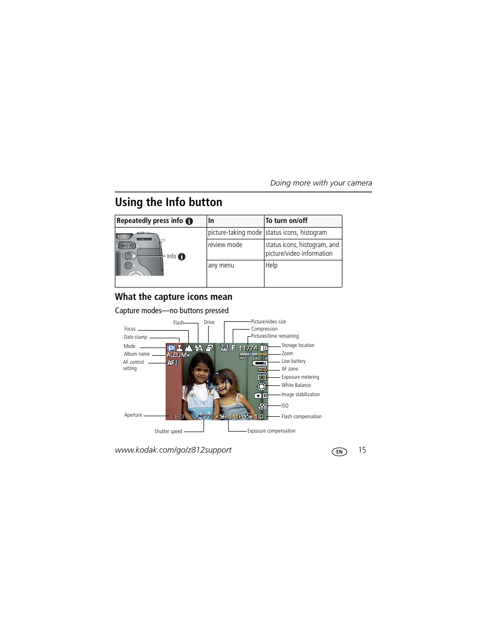 Using the info button, What the capture icons mean | Kodak Z812 IS User Manual | Page 15 / 27