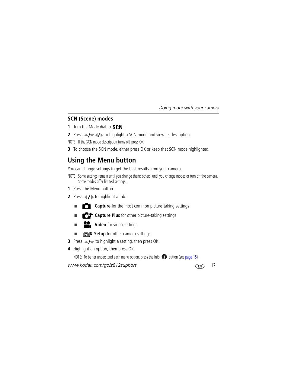Using the menu button | Kodak Z812 IS User Manual | Page 17 / 27