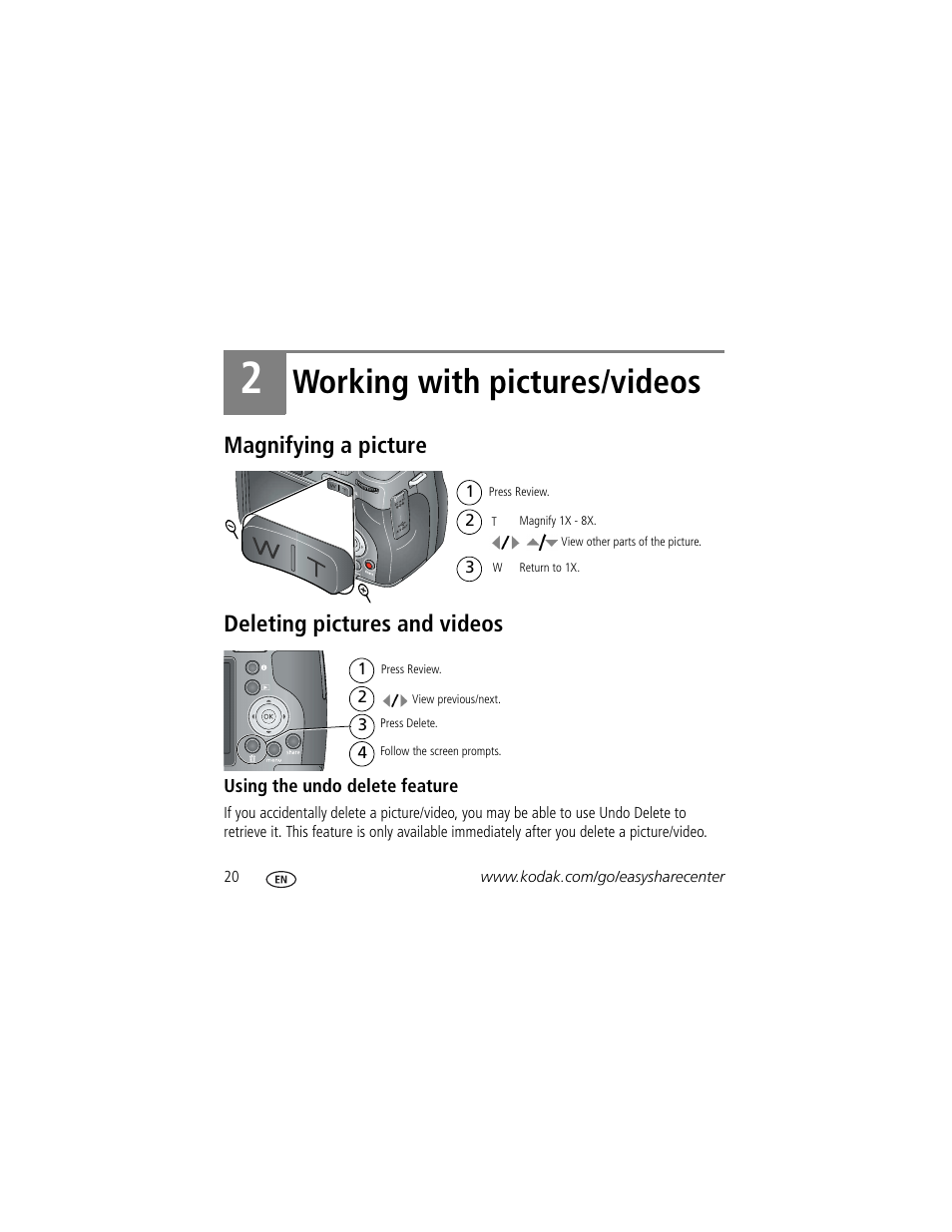 Working with pictures/videos, Magnifying a picture deleting pictures and videos | Kodak Z812 IS User Manual | Page 20 / 27