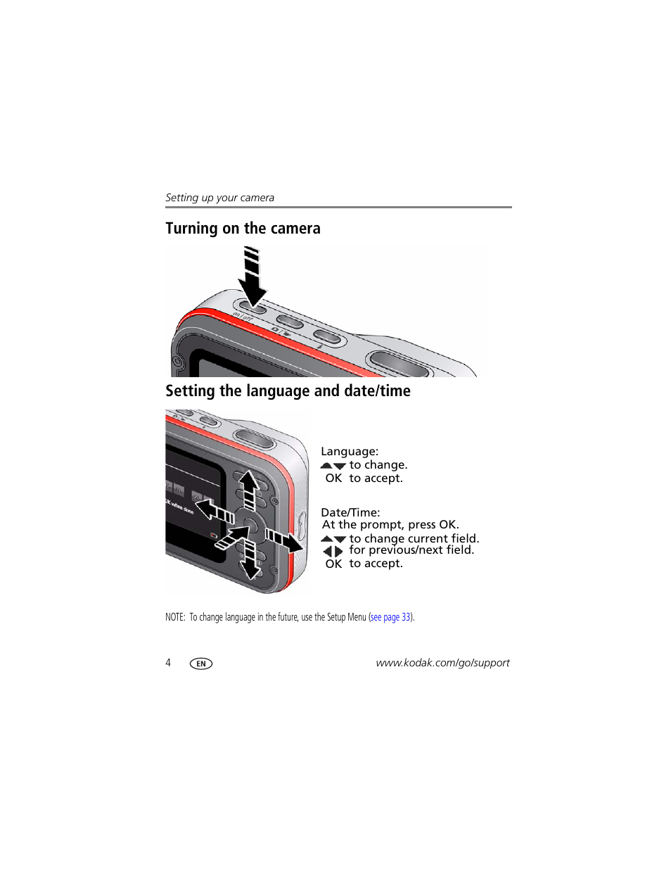 Turning on the camera, Setting the language and date/time | Kodak SPORT C123 User Manual | Page 10 / 63