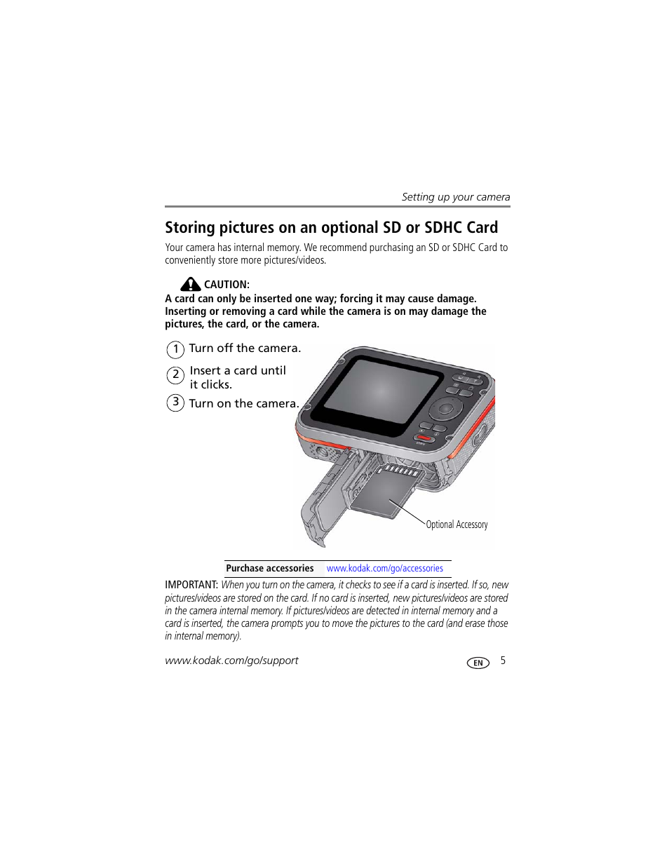 Storing pictures on an optional sd or sdhc card | Kodak SPORT C123 User Manual | Page 11 / 63