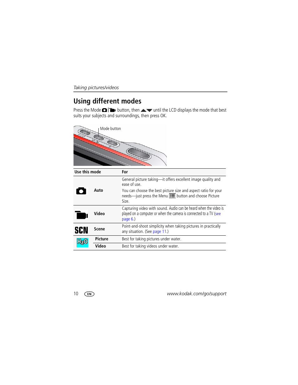 Using different modes | Kodak SPORT C123 User Manual | Page 16 / 63