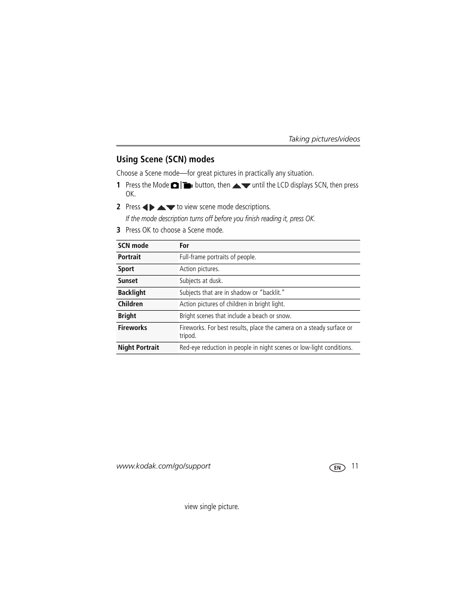 Using scene (scn) modes | Kodak SPORT C123 User Manual | Page 17 / 63