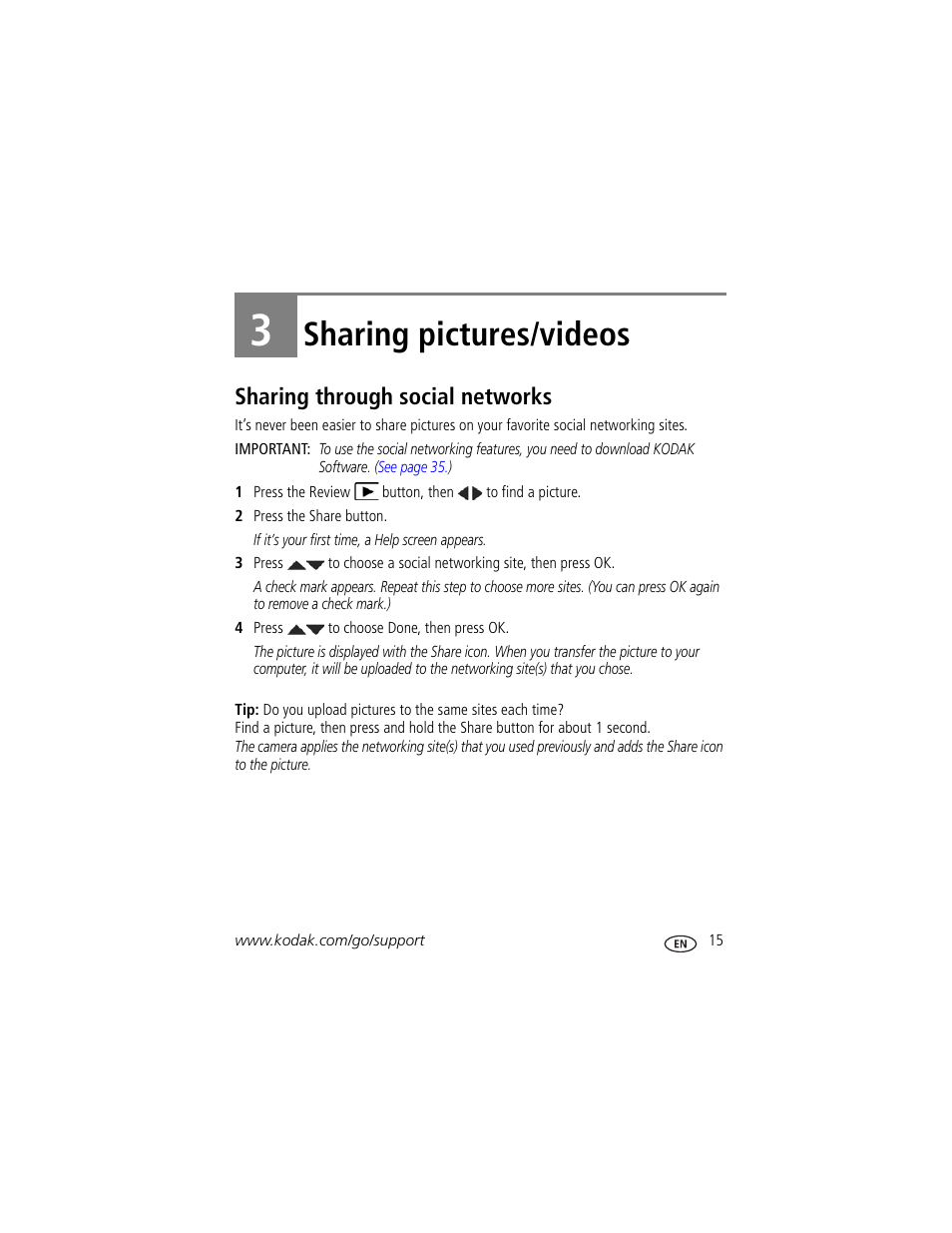 Sharing pictures/videos, Sharing through social networks, 3 sharing pictures/videos | Kodak SPORT C123 User Manual | Page 21 / 63