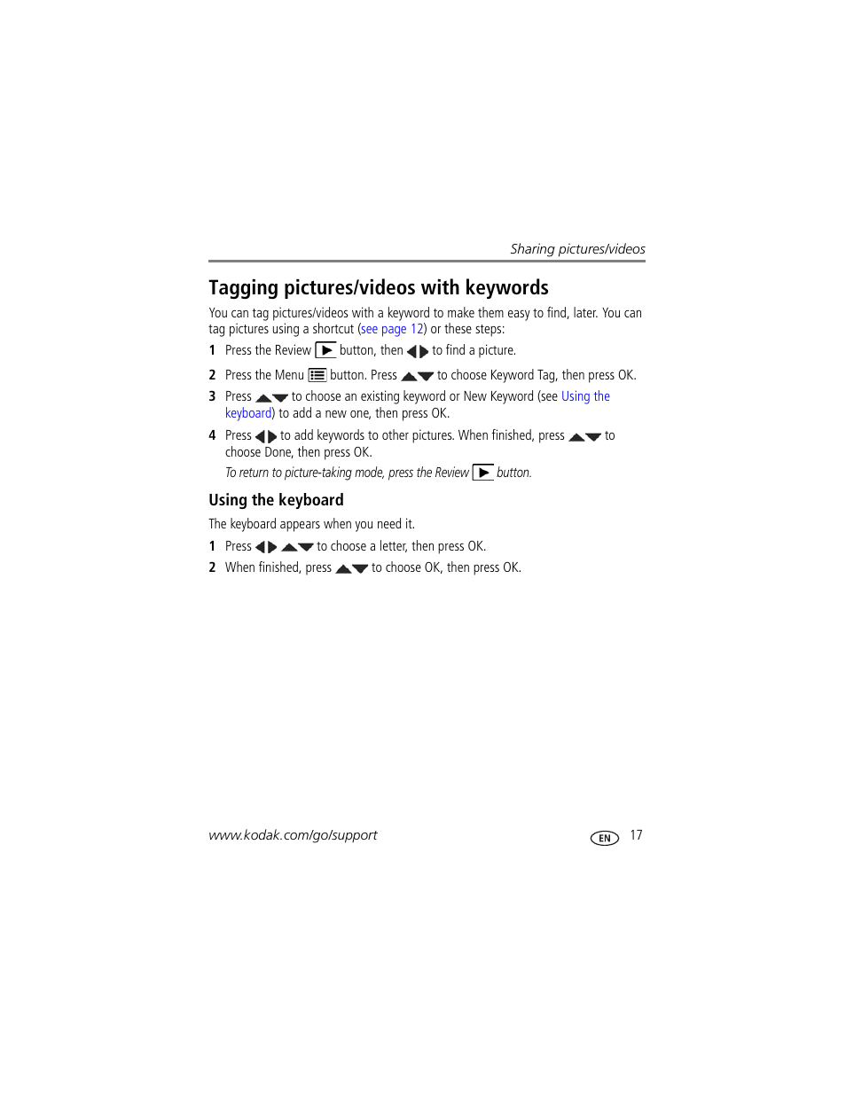 Tagging pictures/videos with keywords, Using the keyboard | Kodak SPORT C123 User Manual | Page 23 / 63