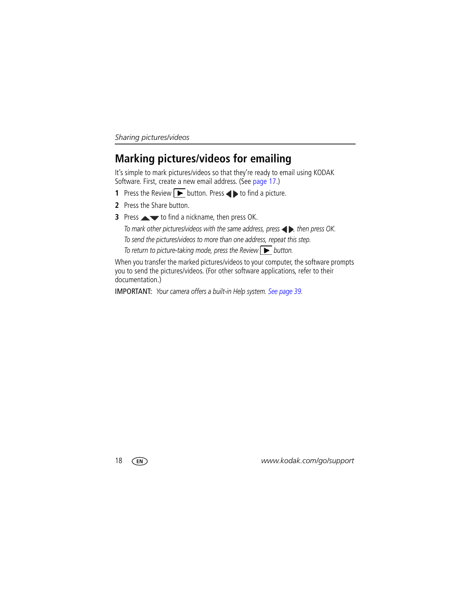 Marking pictures/videos for emailing | Kodak SPORT C123 User Manual | Page 24 / 63