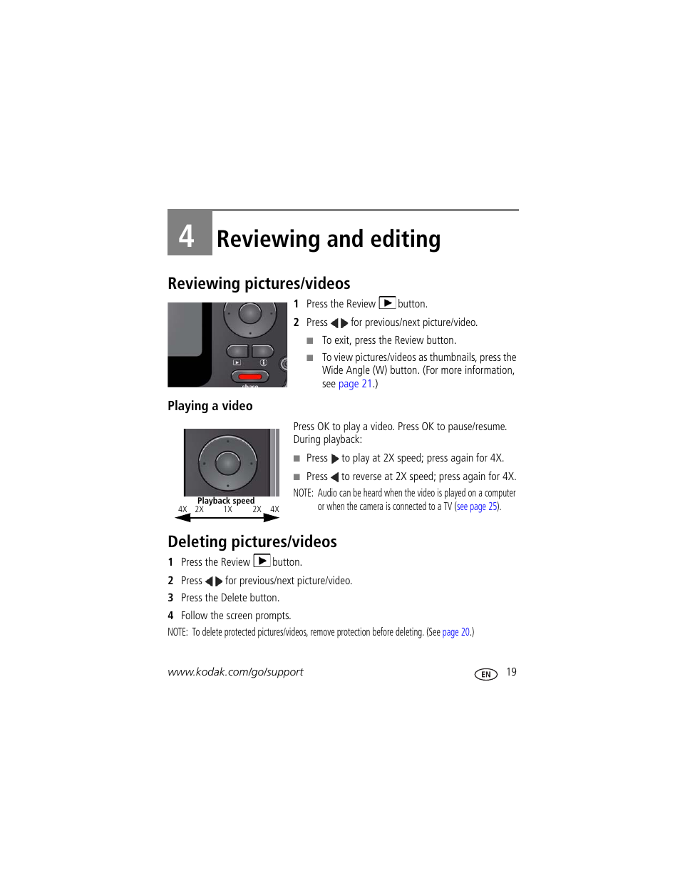 Reviewing and editing, Reviewing pictures/videos, Playing a video | Deleting pictures/videos, 4 reviewing and editing, Reviewing pictures/videos deleting pictures/videos | Kodak SPORT C123 User Manual | Page 25 / 63