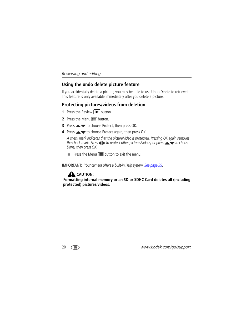 Using the undo delete picture feature, Protecting pictures/videos from deletion, Ng. (see | Kodak SPORT C123 User Manual | Page 26 / 63
