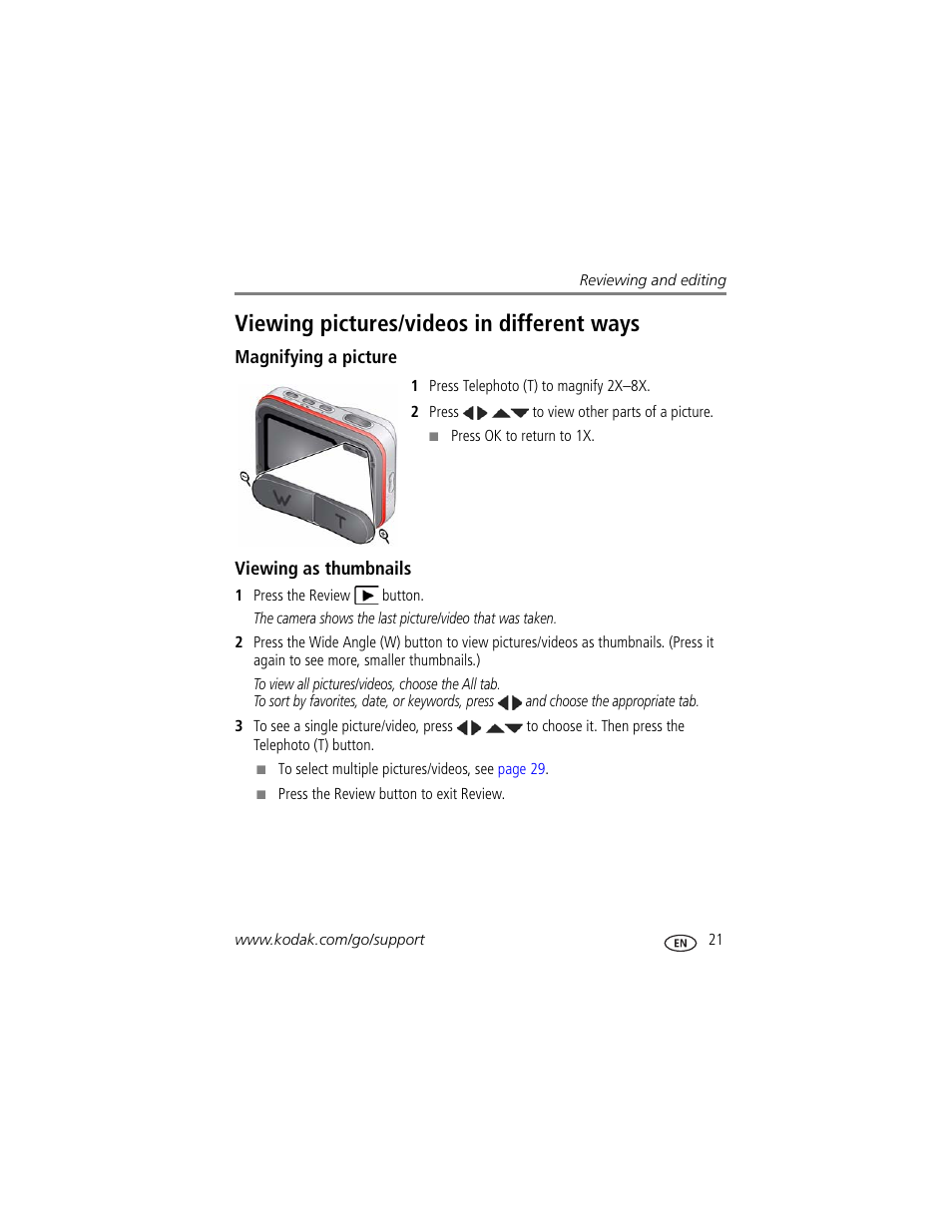 Viewing pictures/videos in different ways, Magnifying a picture, Viewing as thumbnails | Kodak SPORT C123 User Manual | Page 27 / 63