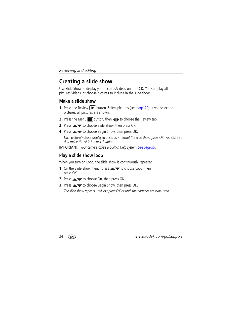 Creating a slide show, Make a slide show, Play a slide show loop | Kodak SPORT C123 User Manual | Page 30 / 63
