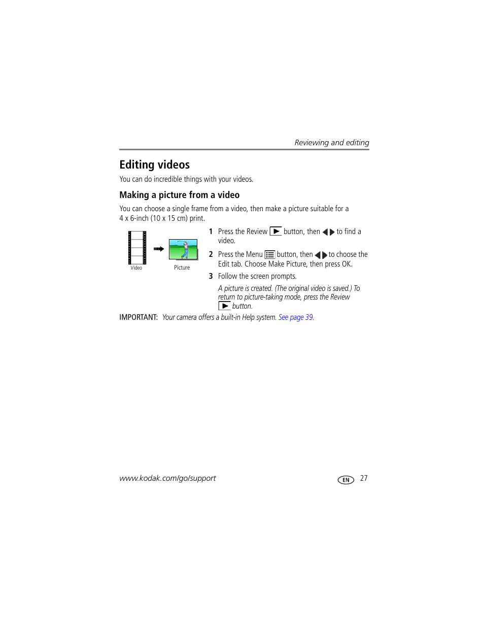Editing videos, Making a picture from a video | Kodak SPORT C123 User Manual | Page 33 / 63