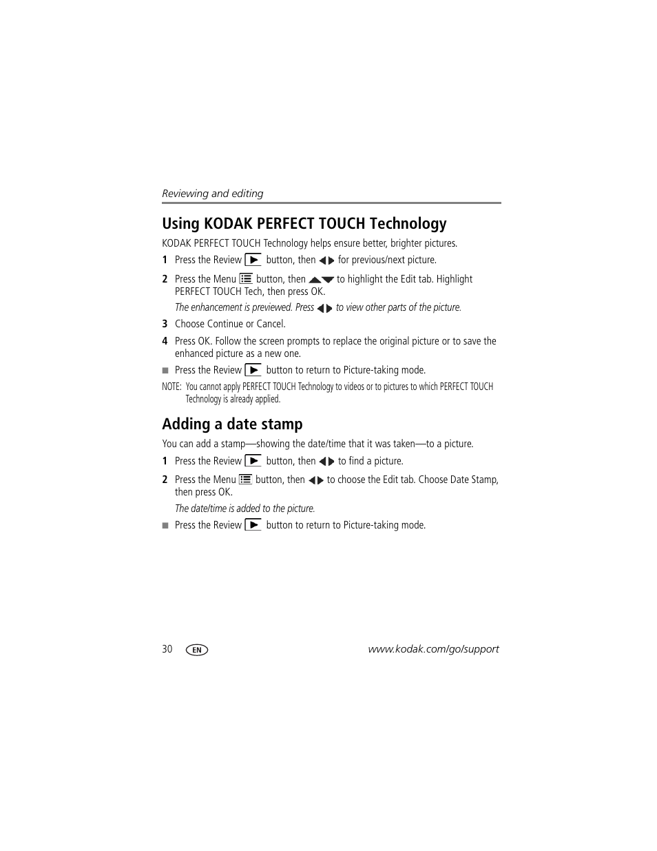 Using kodak perfect touch technology, Adding a date stamp | Kodak SPORT C123 User Manual | Page 36 / 63