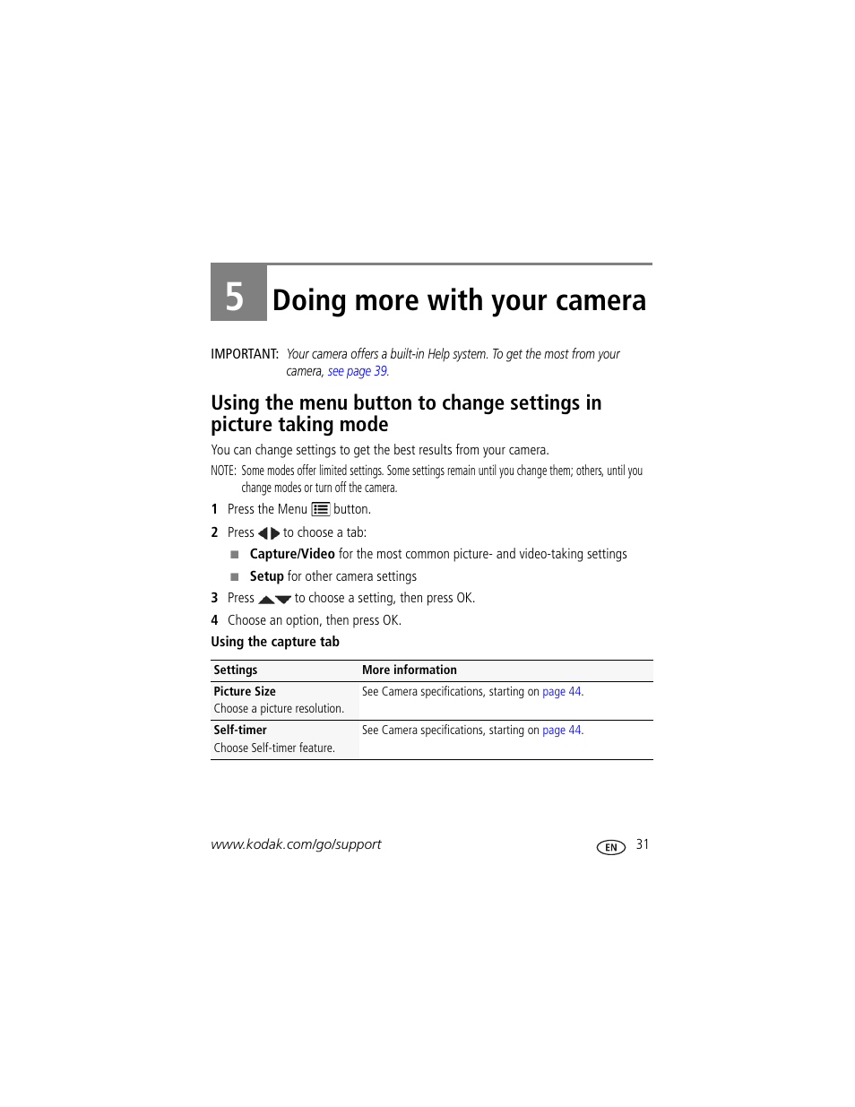 Doing more with your camera, 5 doing more with your camera, Using the menu button to change settings | Kodak SPORT C123 User Manual | Page 37 / 63