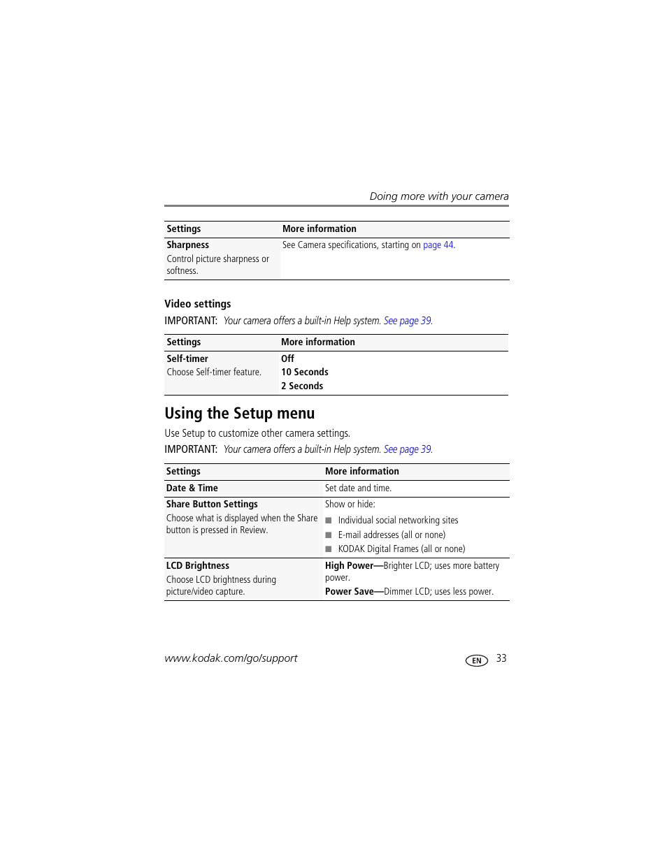 Using the setup menu | Kodak SPORT C123 User Manual | Page 39 / 63