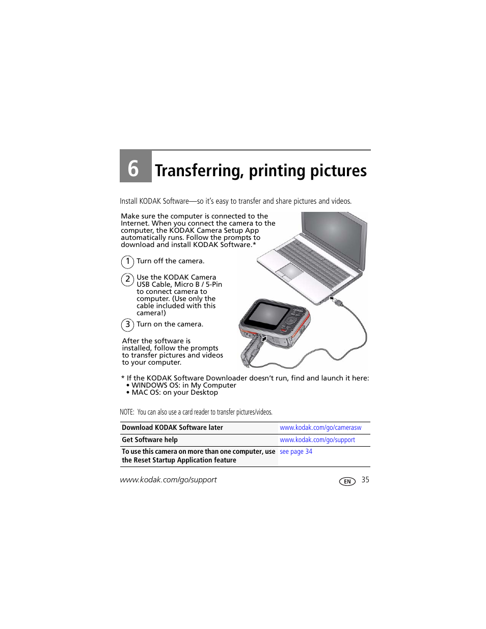 Transferring, printing pictures, 6 transferring, printing pictures | Kodak SPORT C123 User Manual | Page 41 / 63