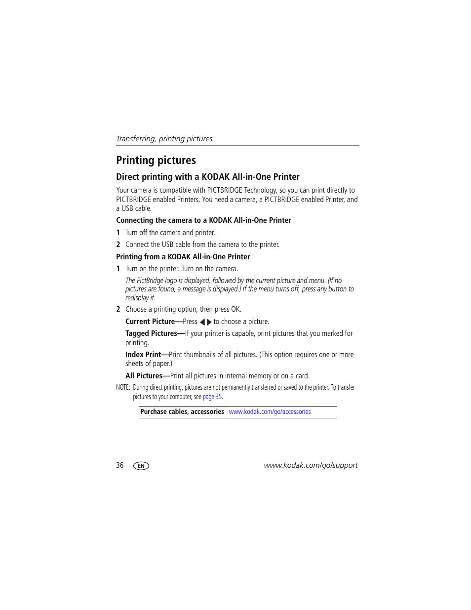Printing pictures, Direct printing with a kodak all-in-one printer, Printing from a kodak all-in-one printer | Kodak SPORT C123 User Manual | Page 42 / 63