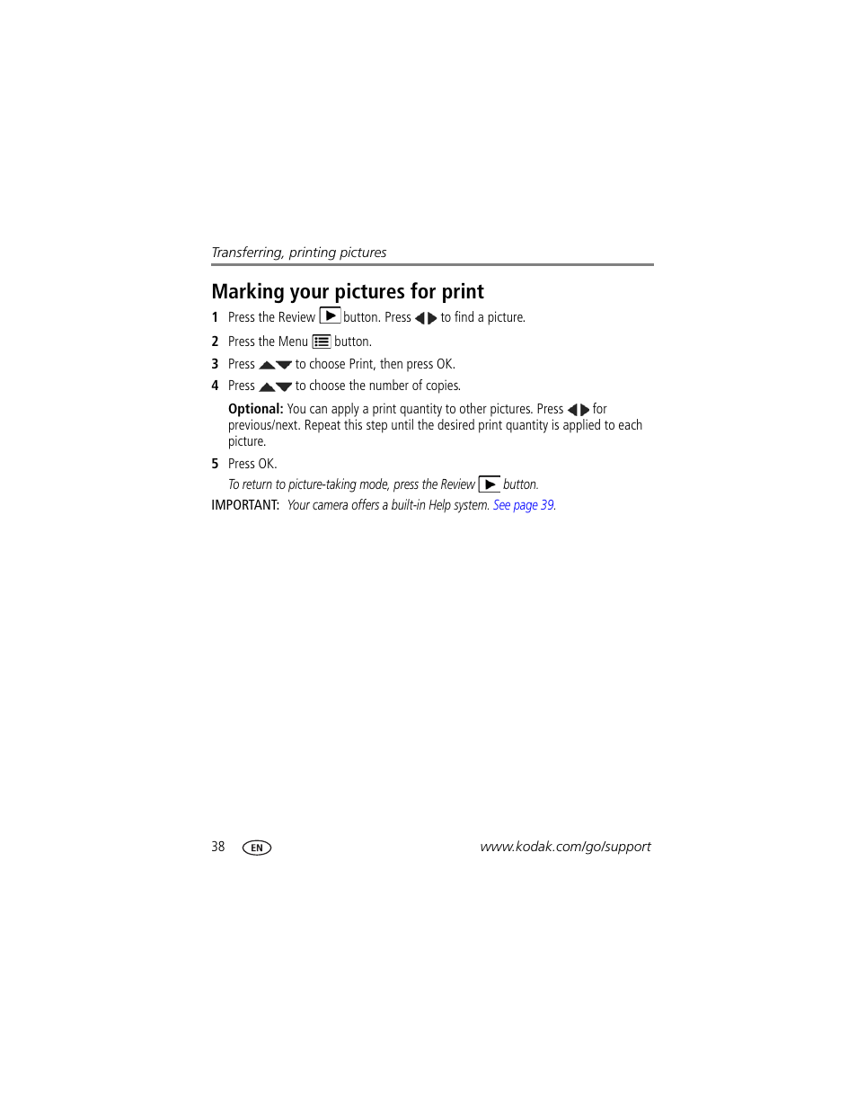 Marking your pictures for print | Kodak SPORT C123 User Manual | Page 44 / 63