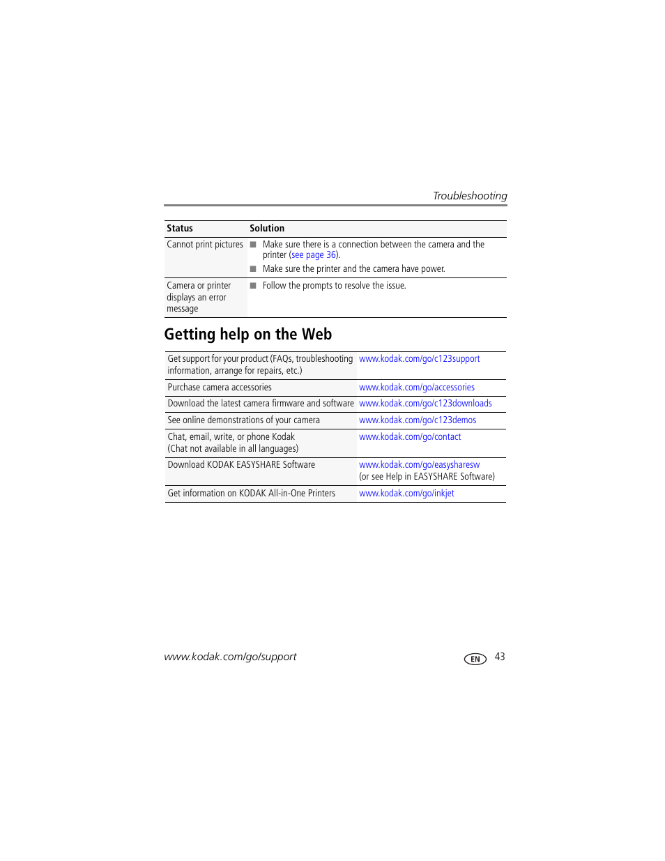 Getting help on the web | Kodak SPORT C123 User Manual | Page 49 / 63