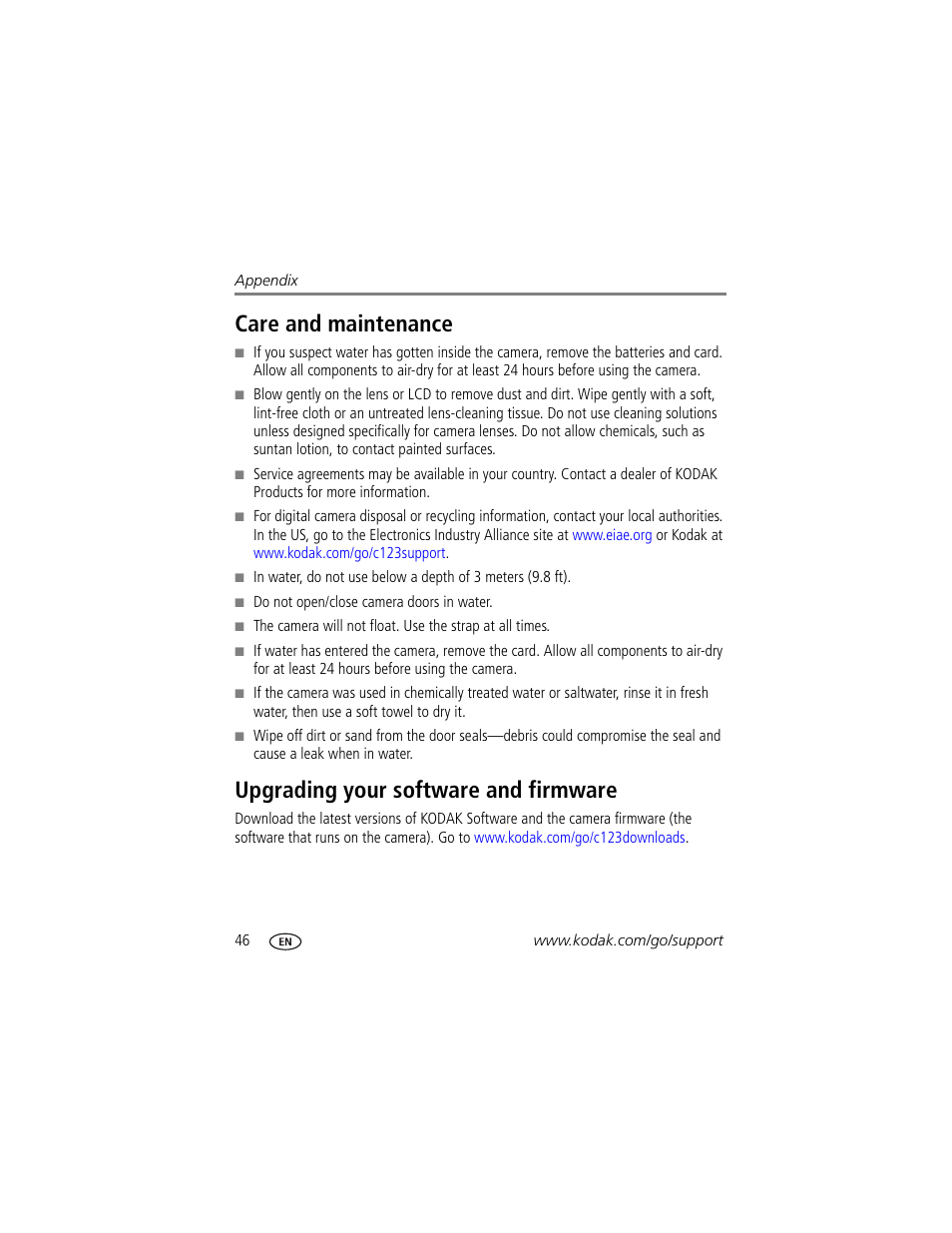 Care and maintenance, Upgrading your software and firmware, The lens | Kodak SPORT C123 User Manual | Page 52 / 63