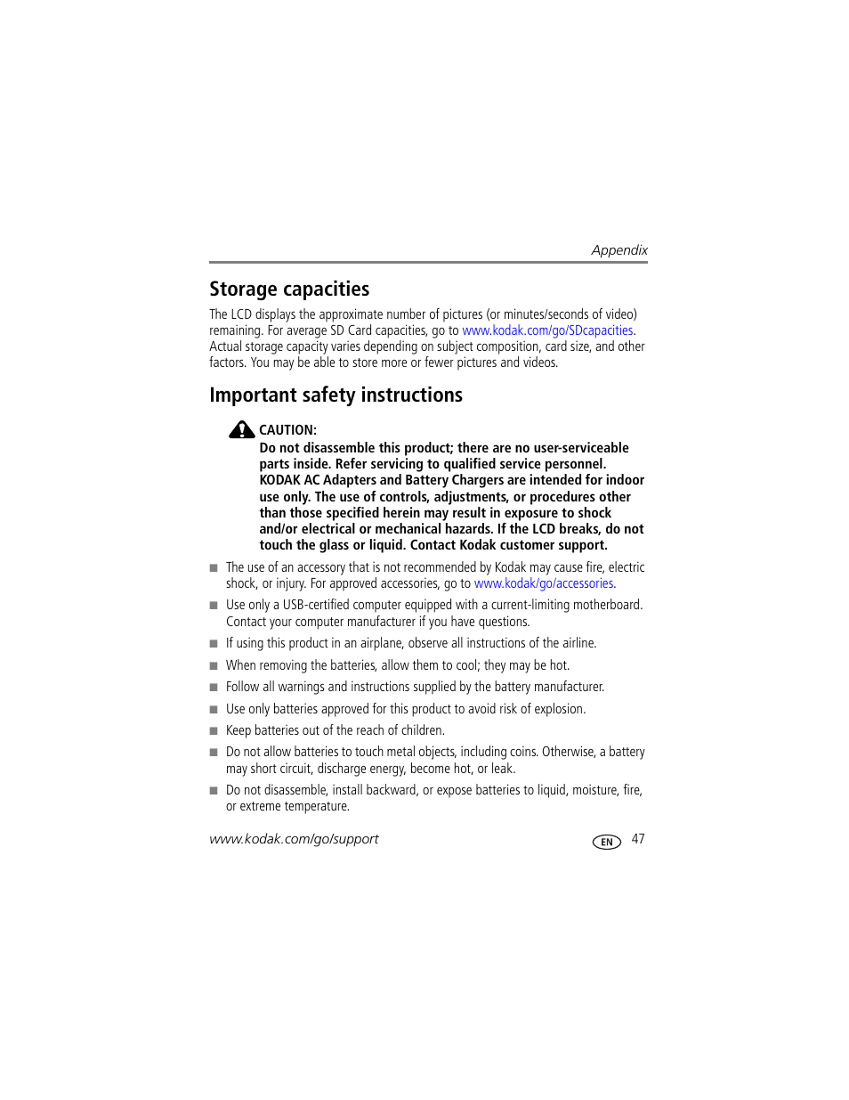 Storage capacities, Important safety instructions, Storage capacities important safety instructions | Kodak SPORT C123 User Manual | Page 53 / 63