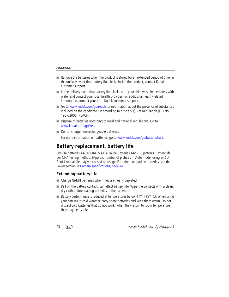 Battery replacement, battery life, Extending battery life, Alled | Kodak SPORT C123 User Manual | Page 54 / 63