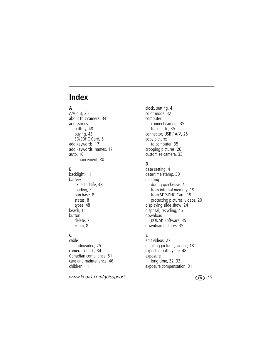 Index | Kodak SPORT C123 User Manual | Page 59 / 63