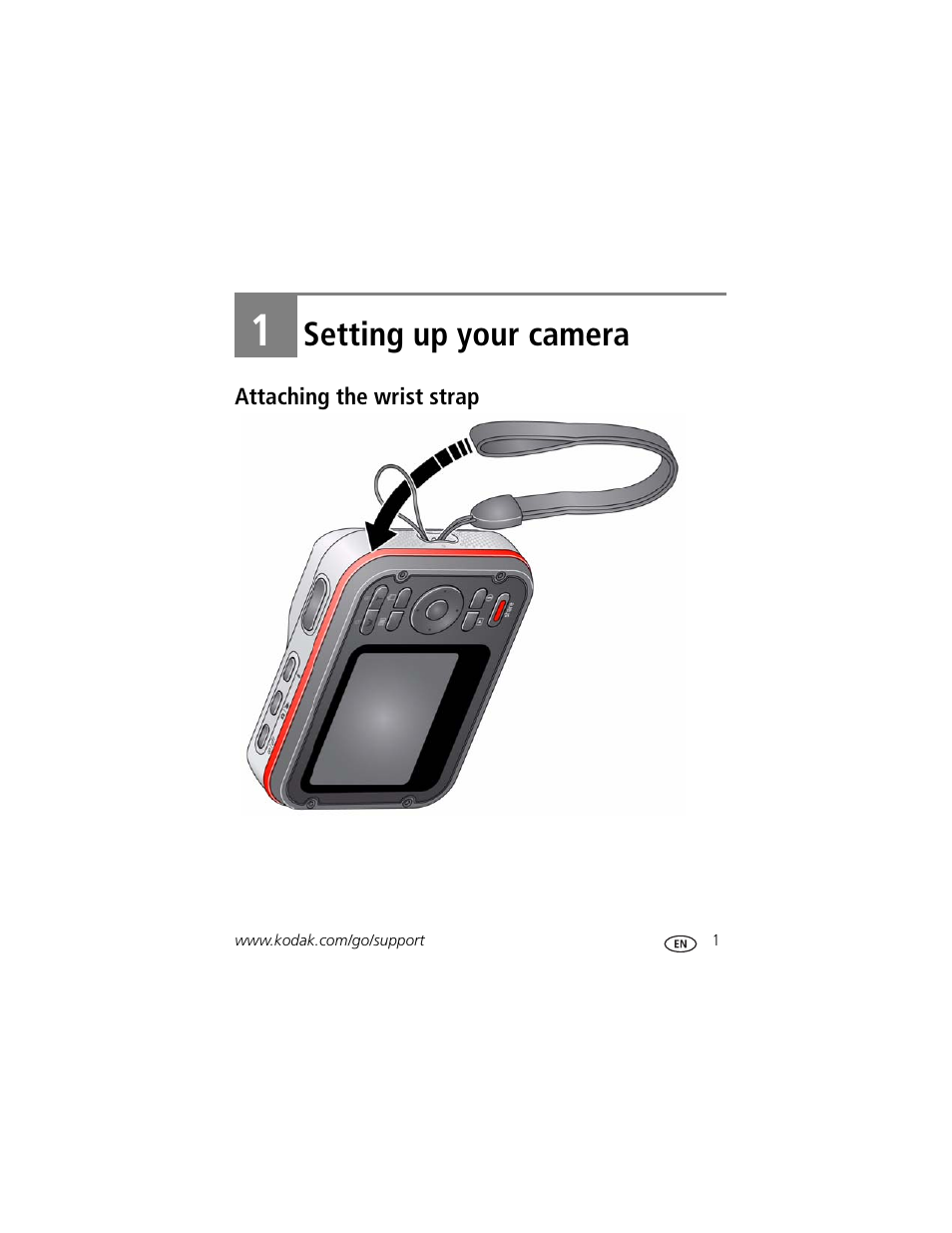 Setting up your camera, Attaching the wrist strap, 1 setting up your camera | Kodak SPORT C123 User Manual | Page 7 / 63